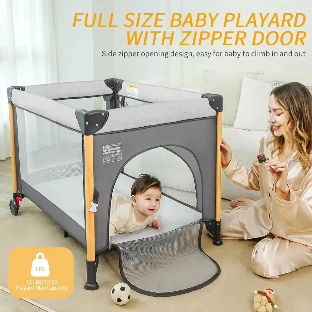 Berceau pliable portable 5-en-1 pour bébé – Installation rapide à une main, avec table à langer et matelas