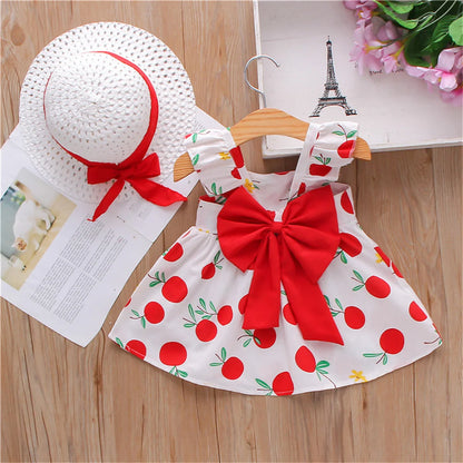 Ensemble Été Bébé Fille 2 Pièces – Robe à Bretelles Imprimé Fruits & Chapeau Assorti