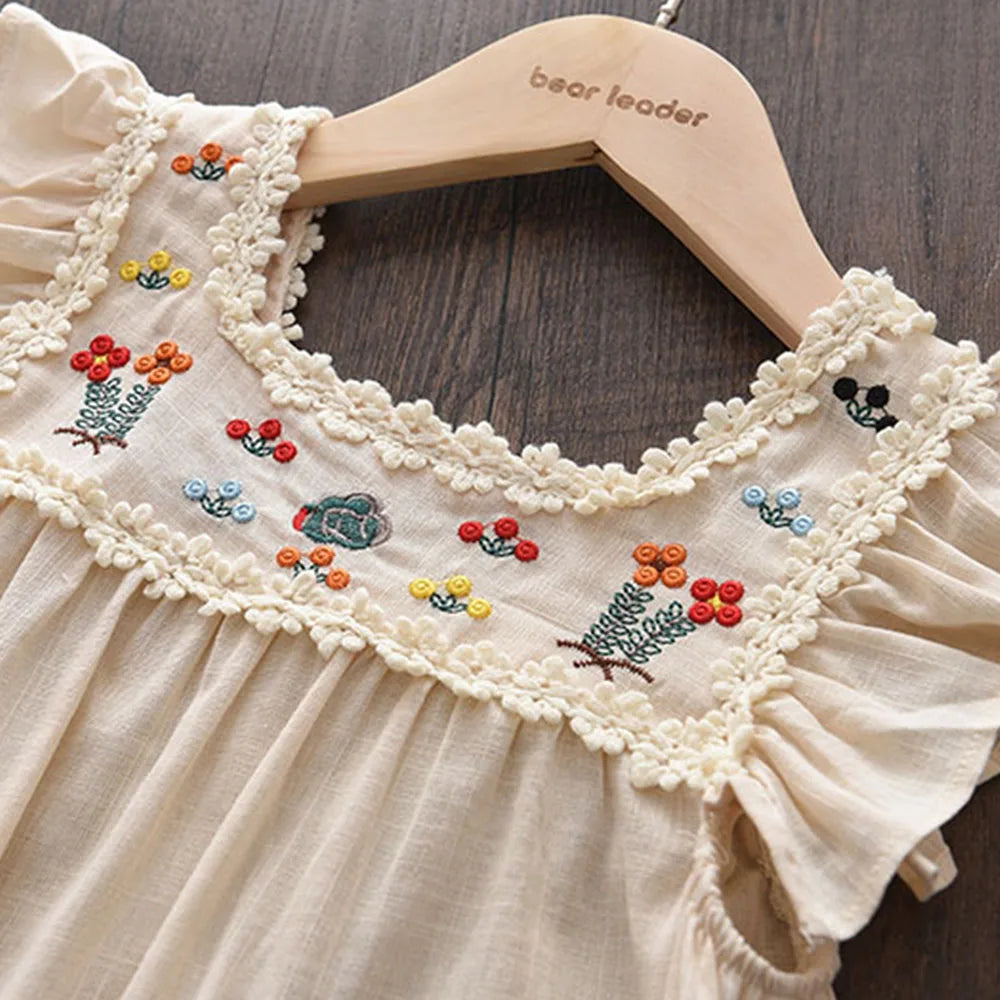 Robe Vintage Brodée Fleurie – Beige Crème (Fille)