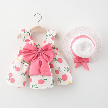 Ensemble Été Bébé Fille 2 Pièces – Robe à Bretelles Imprimé Fruits & Chapeau Assorti