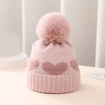 Bonnet Bébé Tricoté avec Pompon – Motif Cœur – Chaud & Doux pour Nouveau-né