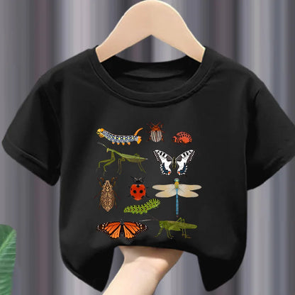 Girls Short-Sleeve T-Shirt Insect Science Print Casual Crew-Neck Children's Summer Wear Kids' Clothes