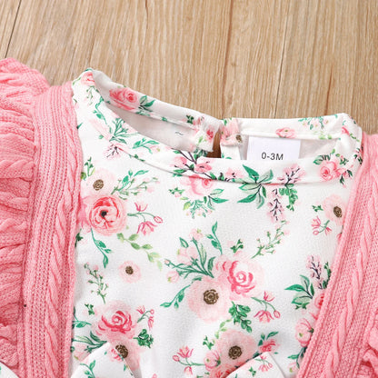 Ensemble Bébé Fille 2 Pièces – Barboteuse Fleurie Manches Longues + Bandeau Nœud (0–18 mois)