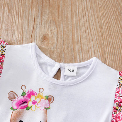 Barboteuse bébé fille – Motif faon tacheté & fleurs – Manches volantées – Confort été (0–12 mois)