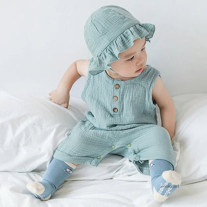 Ensemble Bébé Été 2 Pièces – Combinaison en Coton avec Bonnet
