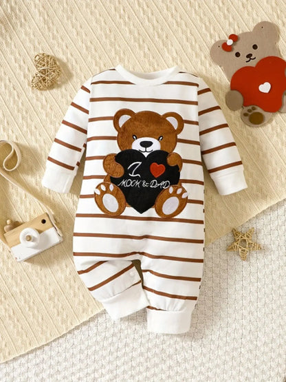 Barboteuse bébé rayée avec ours – J’aime maman & papa | Douce & confortable