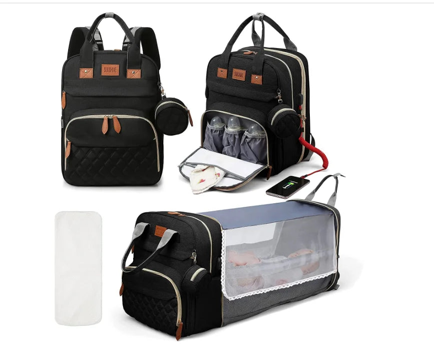 Sac à Langer 3 en 1 avec Lit Bébé Pliable – Sac à Dos Multifonction Grande Capacité