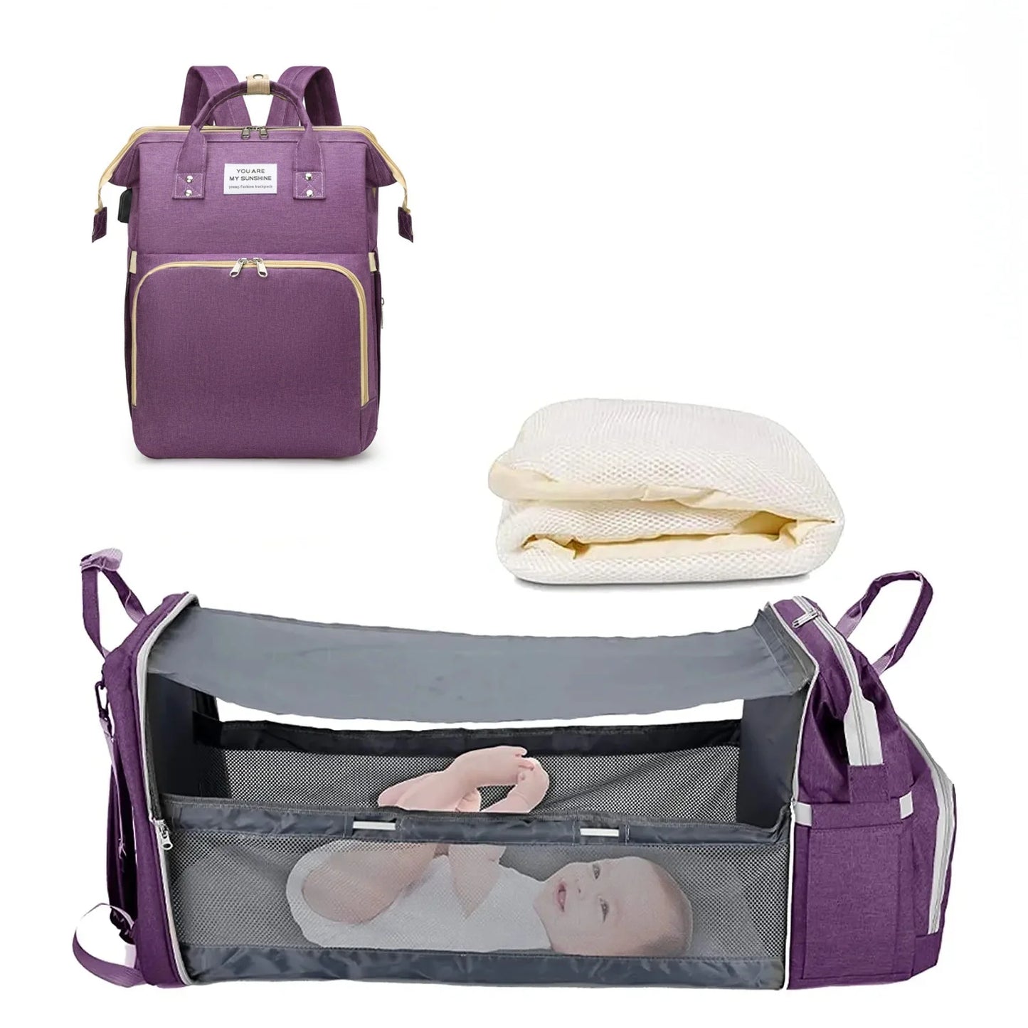 Sac à Langer 3 en 1 avec Lit Bébé Pliable – Sac à Dos Multifonction Grande Capacité