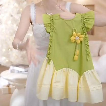 Robe Fille Fleur 3D – Vert & Crème, Style Bohème (4–6 ans)