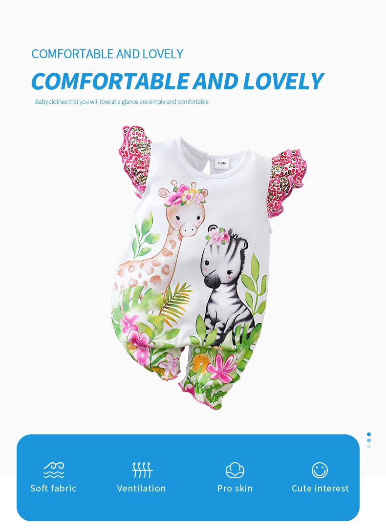 Barboteuse bébé fille – Motif faon tacheté & fleurs – Manches volantées – Confort été (0–12 mois)