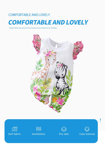 Barboteuse bébé fille – Motif faon tacheté & fleurs – Manches volantées – Confort été (0–12 mois)