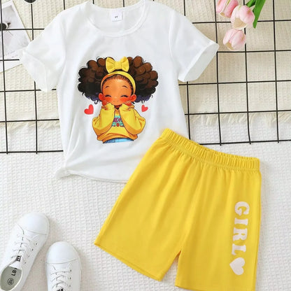 Ensemble Fille Été “GIRL” – T-shirt Blanc Imprimé + Short Jaune (4–6 ans)