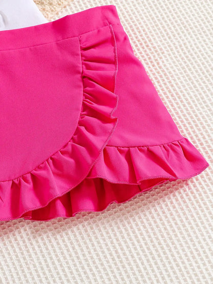 2-piece girls spring/summer fashion cute outdoor casual clothing white knit round neck Daisy print T-shirt + green pleated skirt