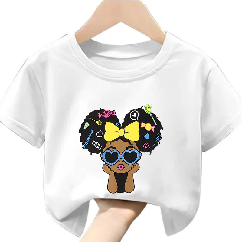 Girls' Summer Crew-neck Short-sleeved Top New Black Girls' Print Top Kids Clothes  Boys Girls Clothes