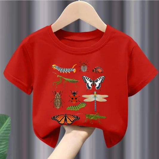 Girls Short-Sleeve T-Shirt Insect Science Print Casual Crew-Neck Children's Summer Wear Kids' Clothes