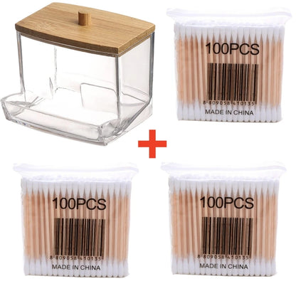 Boîte de rangement pour coton-tige, Double tête en bois pour bébé, couverture carrée transparente en bambou, organisateur de cure-dents pour coton-tige