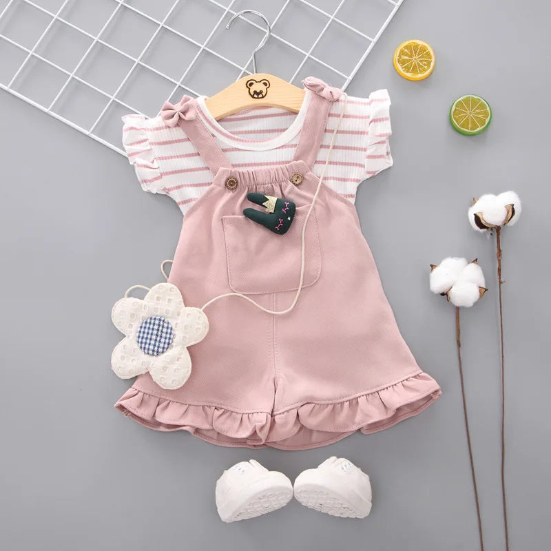 Ensemble Bébé Fille 2 Pièces – T-shirt Volants + Salopette Short Rose (0–12 mois)