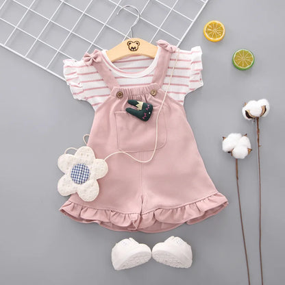 Ensemble Bébé Fille 2 Pièces – T-shirt Volants + Salopette Short Rose (0–12 mois)