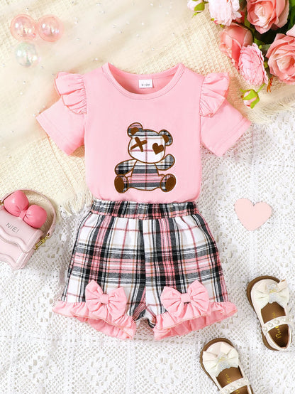 Ensemble Bébé Fille “Panda” – T-shirt Rose & Short à Carreaux (1–3 ans)
