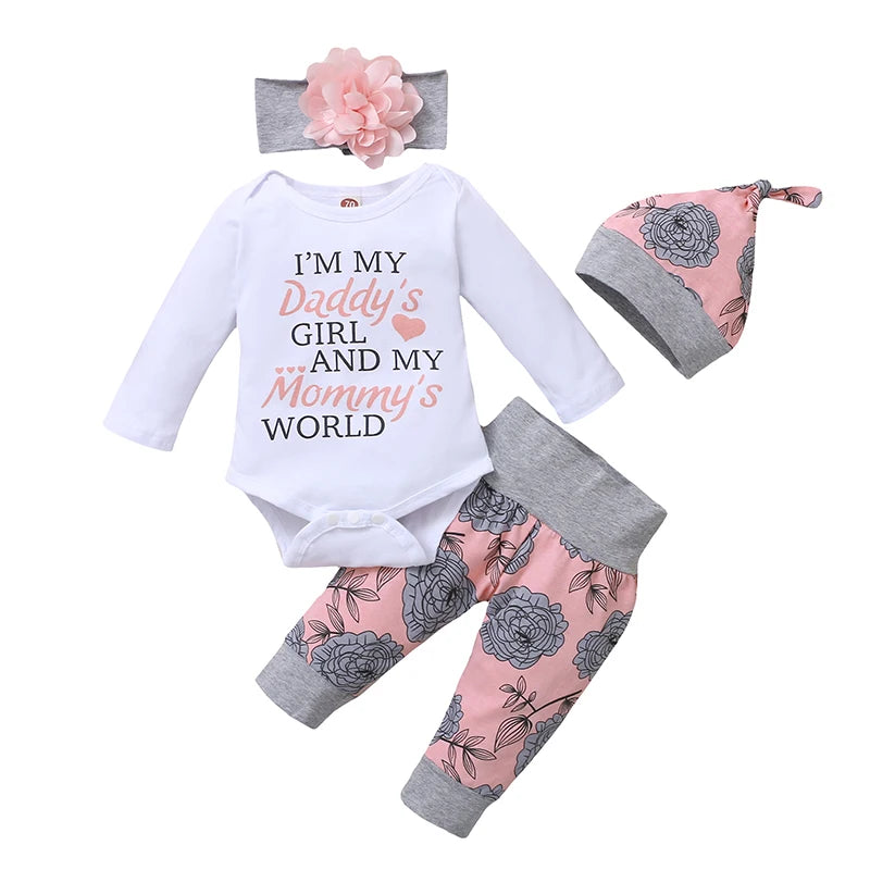 Ensemble Bébé Fille 4 Pièces – Haut à Manches Longues, Pantalon Rose & Bonnet