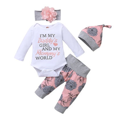 Ensemble Bébé Fille 4 Pièces – Haut à Manches Longues, Pantalon Rose & Bonnet
