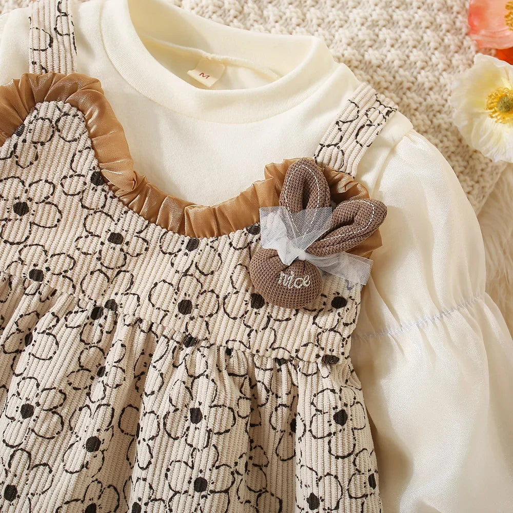 Robe Bébé Fille Élégante à Manches Longues – Dentelle & Broderie Lapin