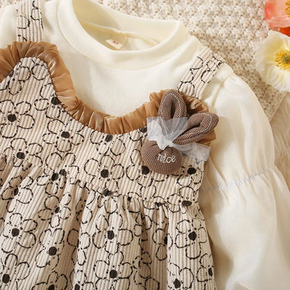 Robe Bébé Fille Élégante à Manches Longues – Dentelle & Broderie Lapin