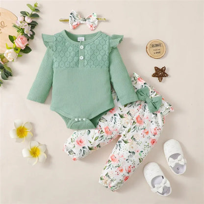 Ensemble Bébé Fille 3 Pièces – Body Manches Longues, Pantalon Fleuri & Bandeau – Printemps & Automne (0–12 mois)