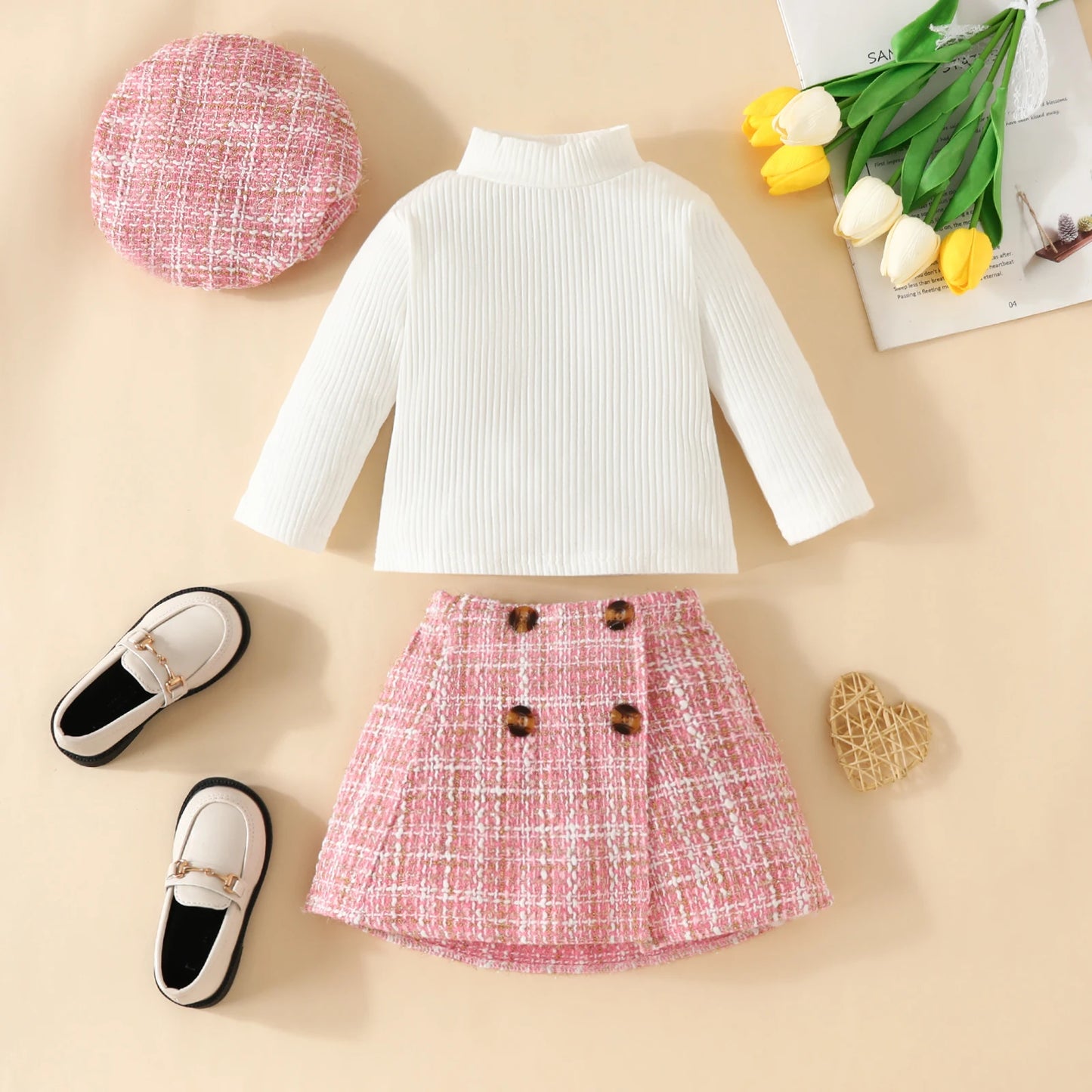 Ensemble bébé fille automne 2 pièces – Haut à manches longues & jupe à carreaux avec béret assorti (6 mois à 3 ans)