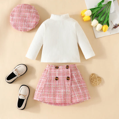 Ensemble bébé fille automne 2 pièces – Haut à manches longues & jupe à carreaux avec béret assorti (6 mois à 3 ans)