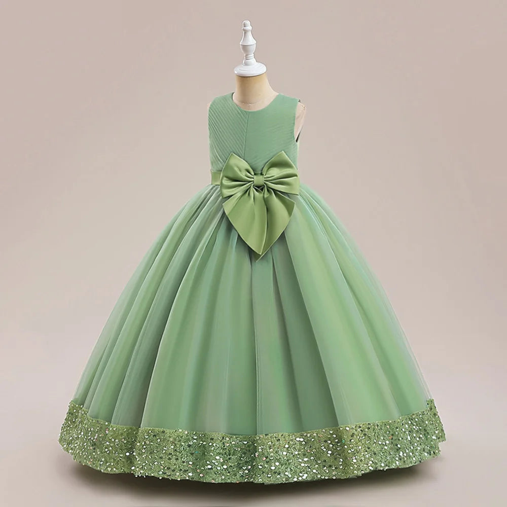 Robe Princesse Longue à Nœud Élégant – Cérémonie & Mariage pour Fille