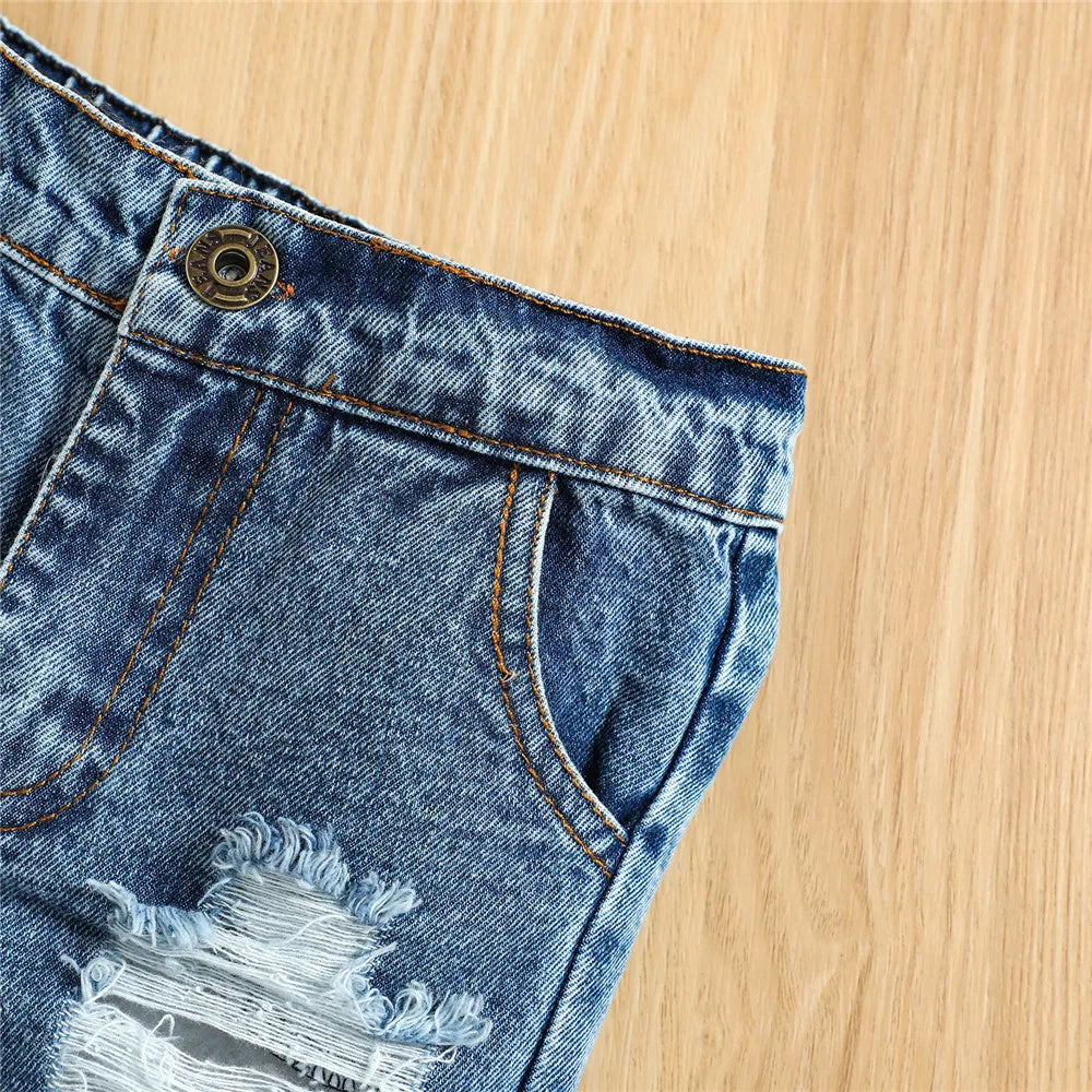 Ensemble de tenue d'été pour bébés garçons, col rond, sans manches, débardeur avec lettres imprimées, short en Denim déchiré, 3M-3T