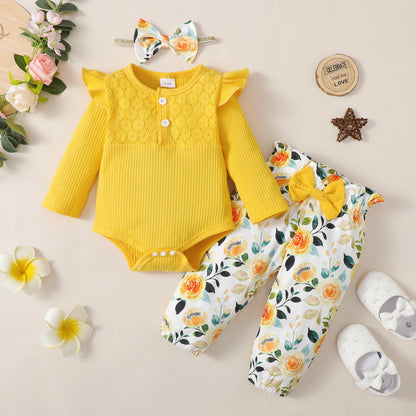 Ensemble Bébé Fille 3 Pièces – Body Manches Longues, Pantalon Fleuri & Bandeau – Printemps & Automne (0–12 mois)