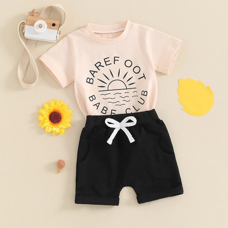 Tenue d'été pour tout-petit garçon, haut à manches courtes avec lettres imprimées soleil et Short à taille élastique, vêtements 2 pièces