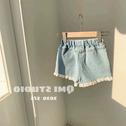 Short en jean coréen léger pour fille – Taille élastique & dentelle – Été