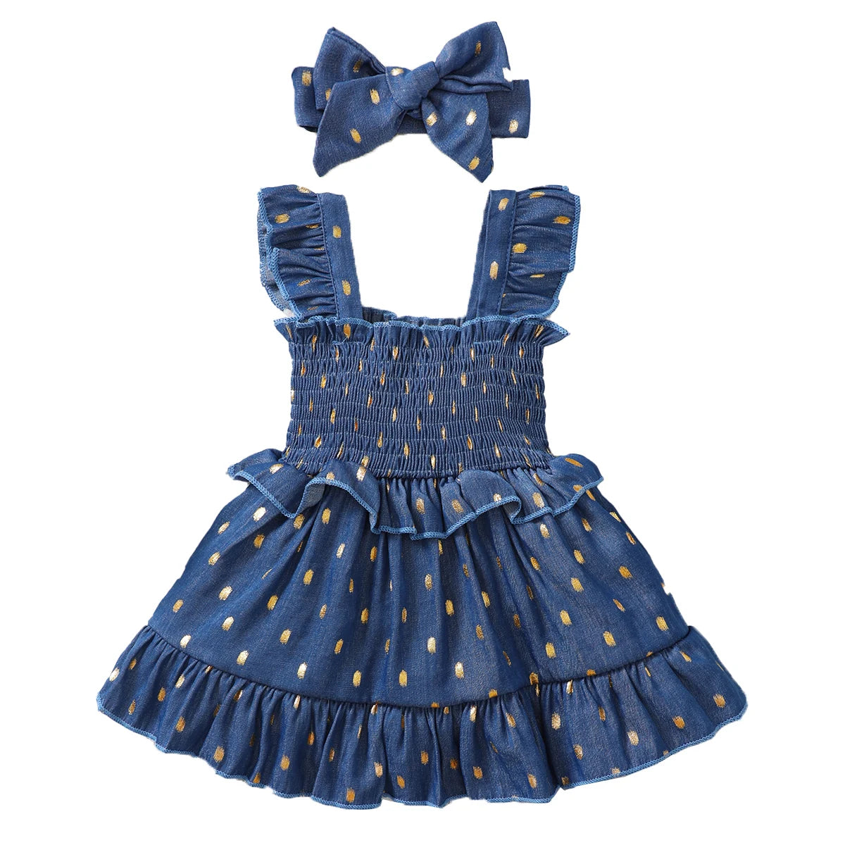 Robe bébé fille bleue à pois dorés – Tenue princesse élégante (3 à 24 mois)