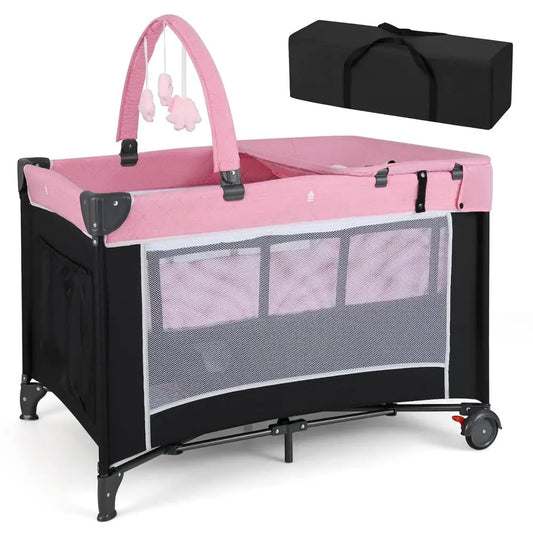 Parc pliant 4 en 1 avec couffin, changeur de couches et jouets pour bébés et tout-petits - Rose