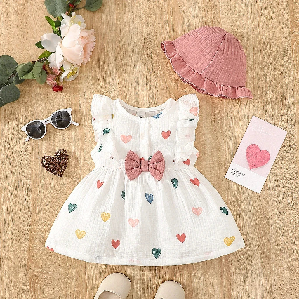Robe d’été pour bébé fille – Ensemble 2 pièces coton doux avec motif cœurs et chapeau assorti