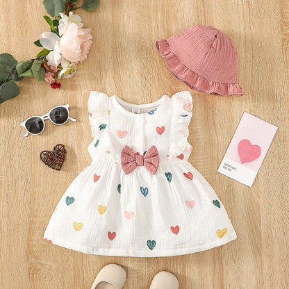 Robe d’été pour bébé fille – Ensemble 2 pièces coton doux avec motif cœurs et chapeau assorti
