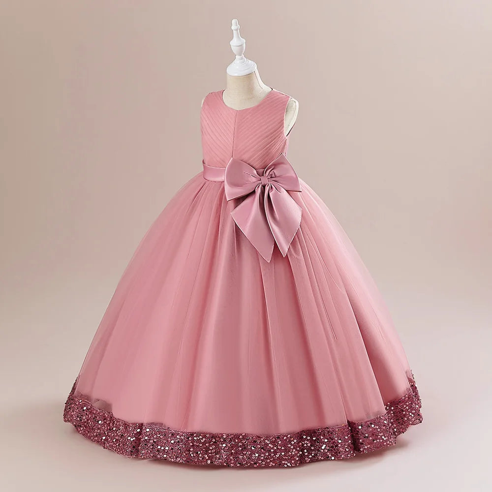 Robe Princesse Longue à Nœud Élégant – Cérémonie & Mariage pour Fille