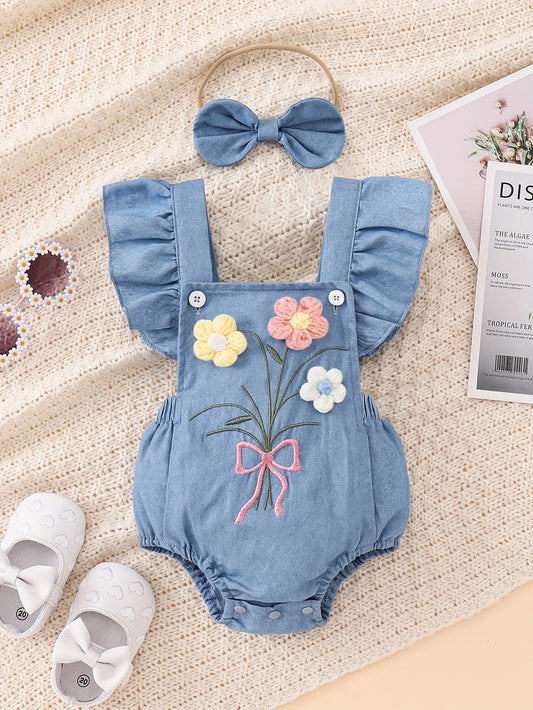 Barboteuse Denim Bébé Fille Fleurie 3D + Bandeau – Set 2 Pièces