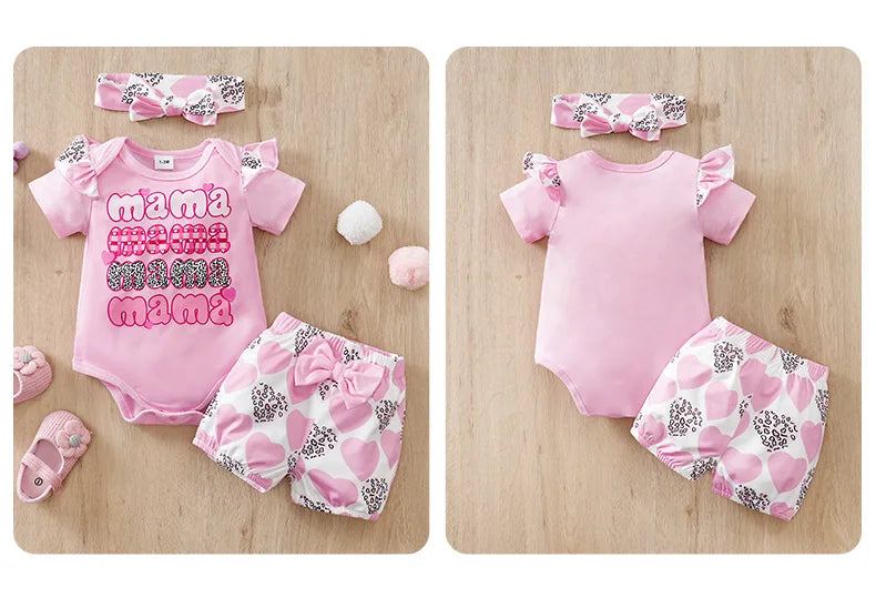 Ensemble bébé 3 pièces manches courtes – Spécial Fête des Mères, rose à cœurs