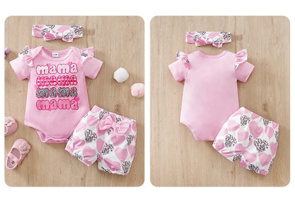 Ensemble bébé 3 pièces manches courtes – Spécial Fête des Mères, rose à cœurs