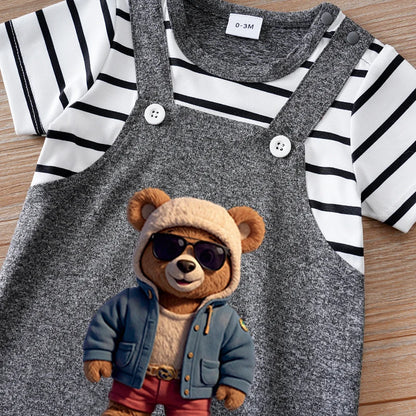 Barboteuse d'été 2 pièces à manches courtes et col rond rayé à motifs d'ours pour bébés garçons et filles en gris foncé.