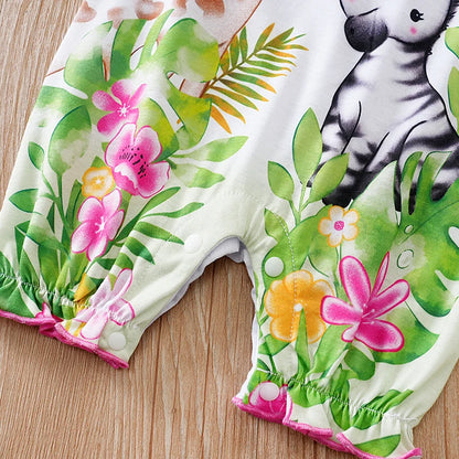 Barboteuse bébé fille – Motif faon tacheté & fleurs – Manches volantées – Confort été (0–12 mois)