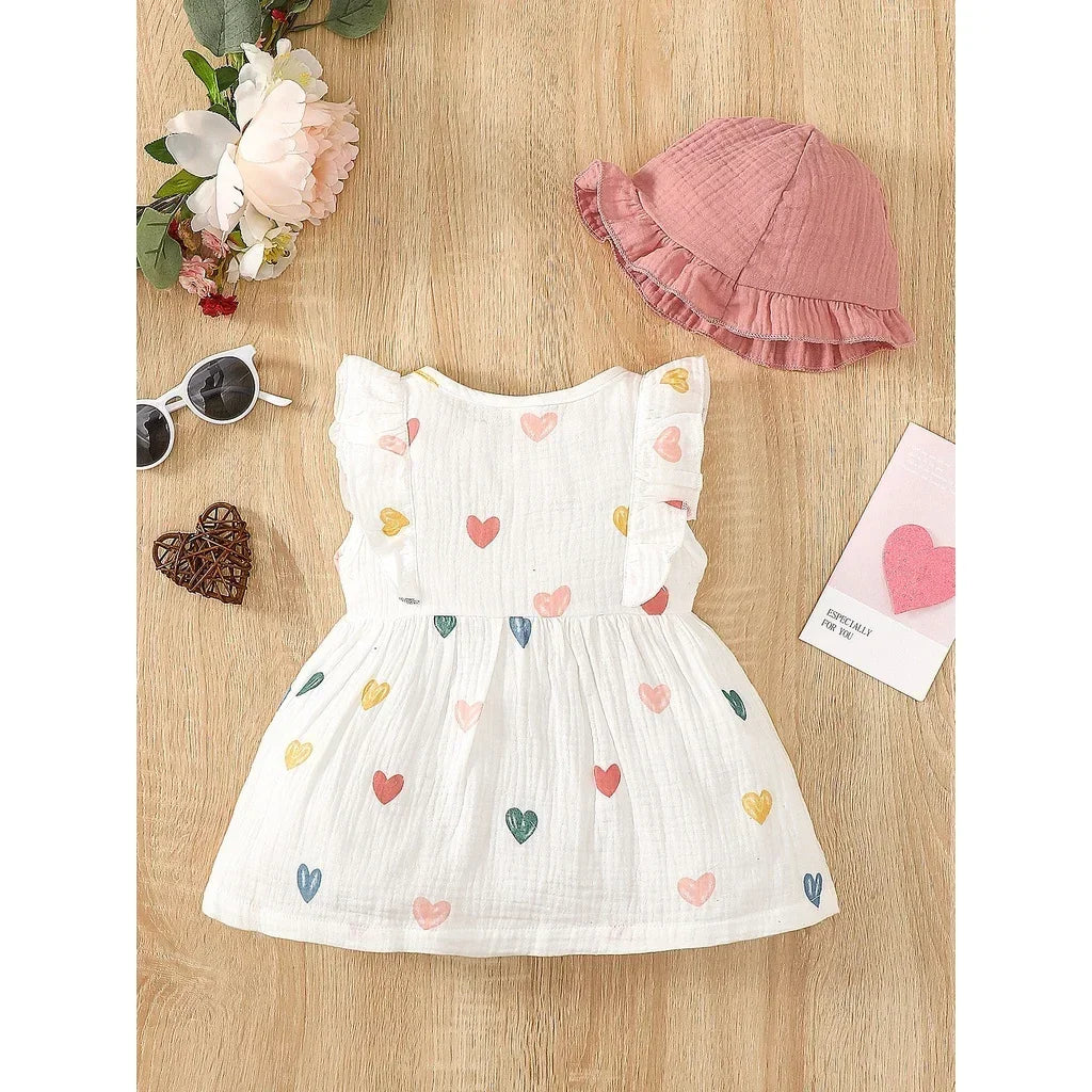 Robe d’été pour bébé fille – Ensemble 2 pièces coton doux avec motif cœurs et chapeau assorti