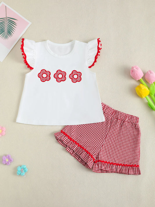 Ensemble Bébé Fille Blanc & Rouge – Haut Détails Cœur + Bas Assorti