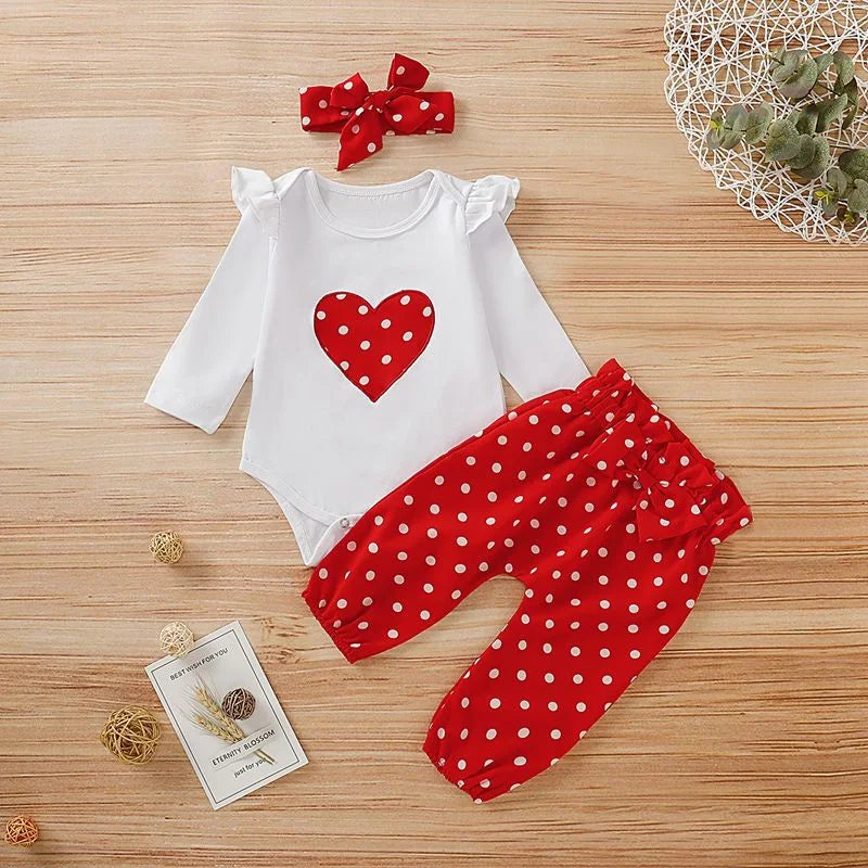 Ensemble Bébé Fille 3 Pièces – Romper Cœur, Pantalon & Bandeau en Coton Doux