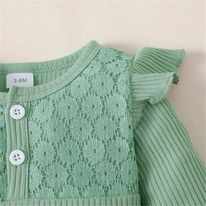 Ensemble Bébé Fille 3 Pièces – Body Manches Longues, Pantalon Fleuri & Bandeau – Printemps & Automne (0–12 mois)