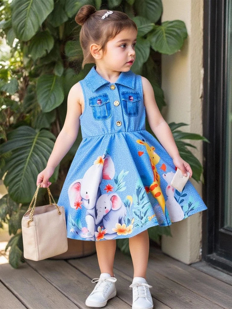 Robe en Jean Fille – Imprimé Animal/Coloré – Sans Manches (2–6 ans)